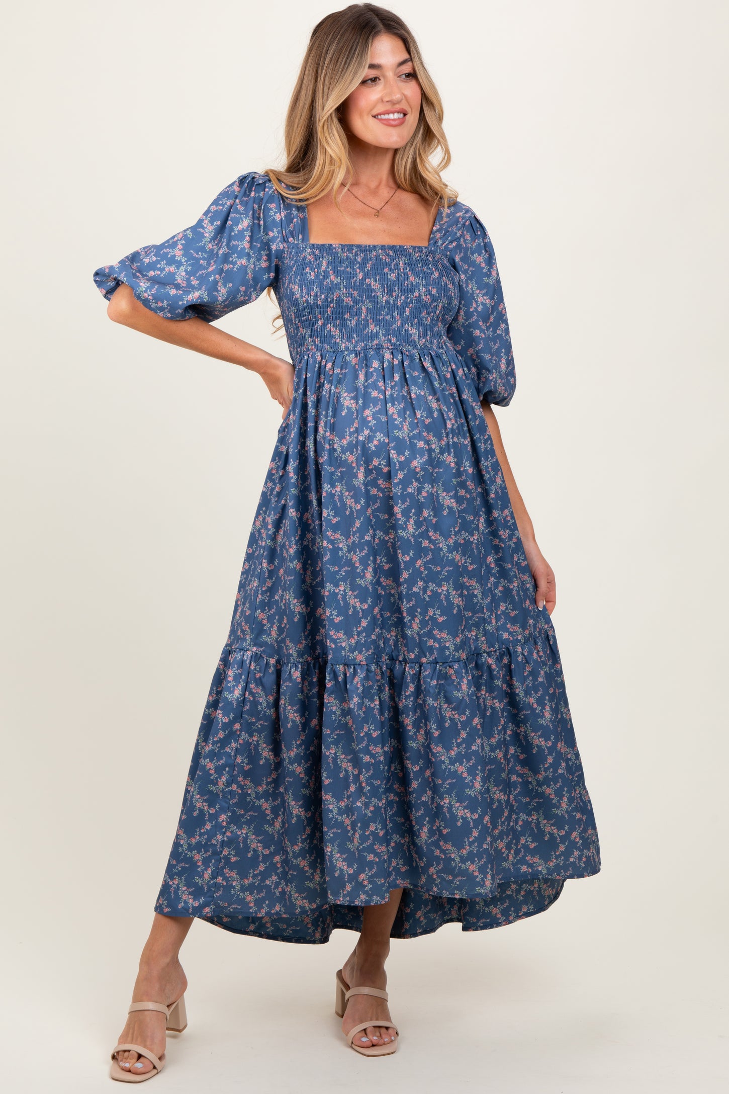 Blue Floral Smocked Hi-Low Puff Sleeve Maternity Maxi Dress Blue Floral Smocked Hi-Low Puff Sleeve Maternity Maxi Dress