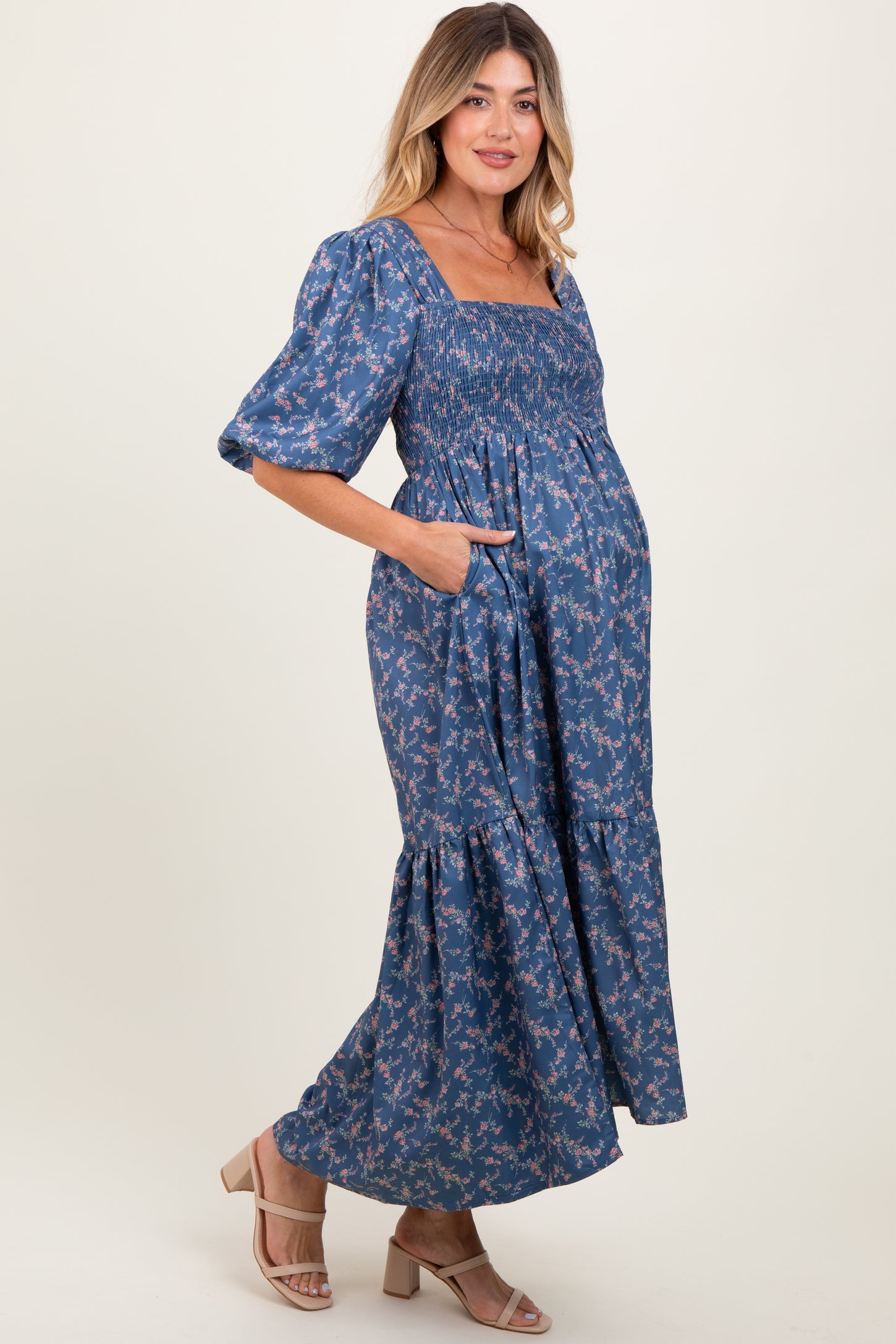 Blue Floral Smocked Hi-Low Puff Sleeve Maternity Maxi Dress Blue Floral Smocked Hi-Low Puff Sleeve Maternity Maxi Dress