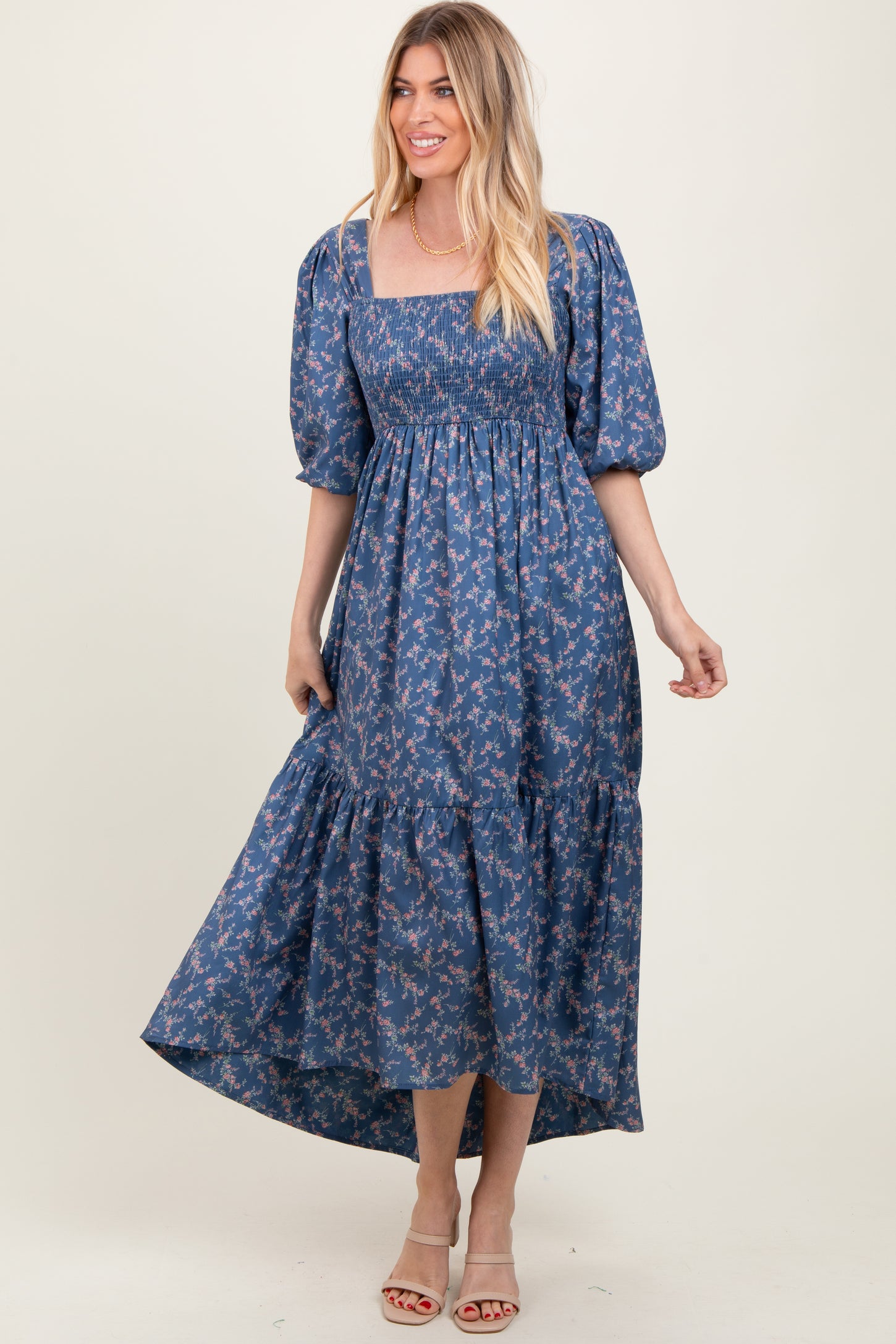 Blue Floral Smocked Hi-Low Puff Sleeve Maternity Maxi Dress PinkBlush Blue Floral Smocked Hi-Low Puff Sleeve Maternity Maxi Dress PinkBlush