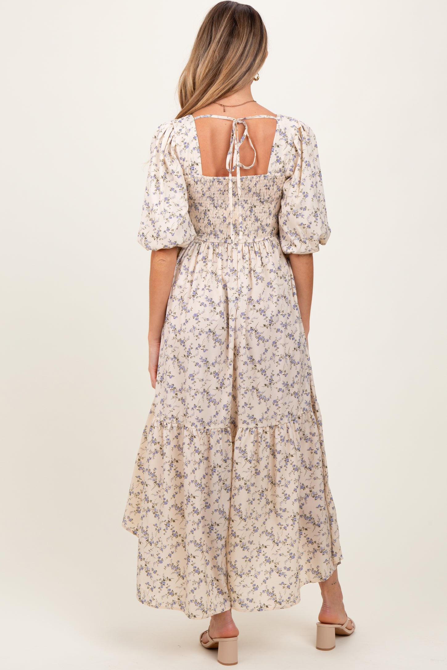 Ivory Floral Smocked Hi-Low Puff Sleeve Maternity Maxi Dress