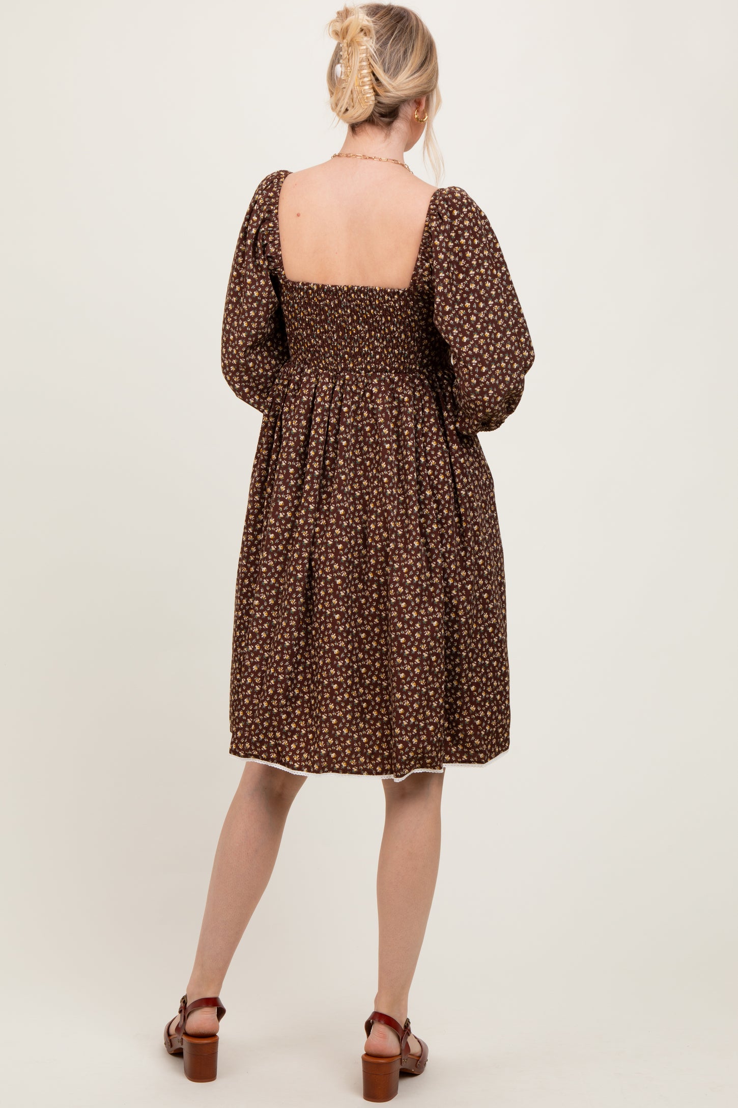 Mocha Floral Pleated Bodice Lace Trim Midi Dress Mocha Floral Pleated Bodice Lace Trim Midi Dress