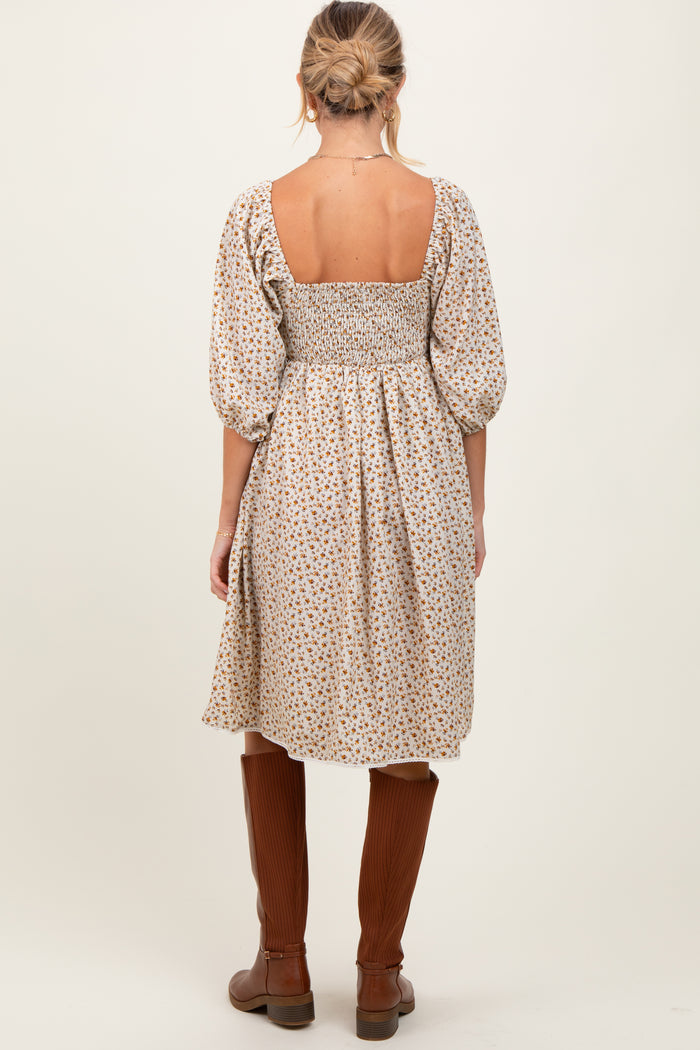 Cream Floral Pleated Bodice Lace Trim Maternity Midi Dress