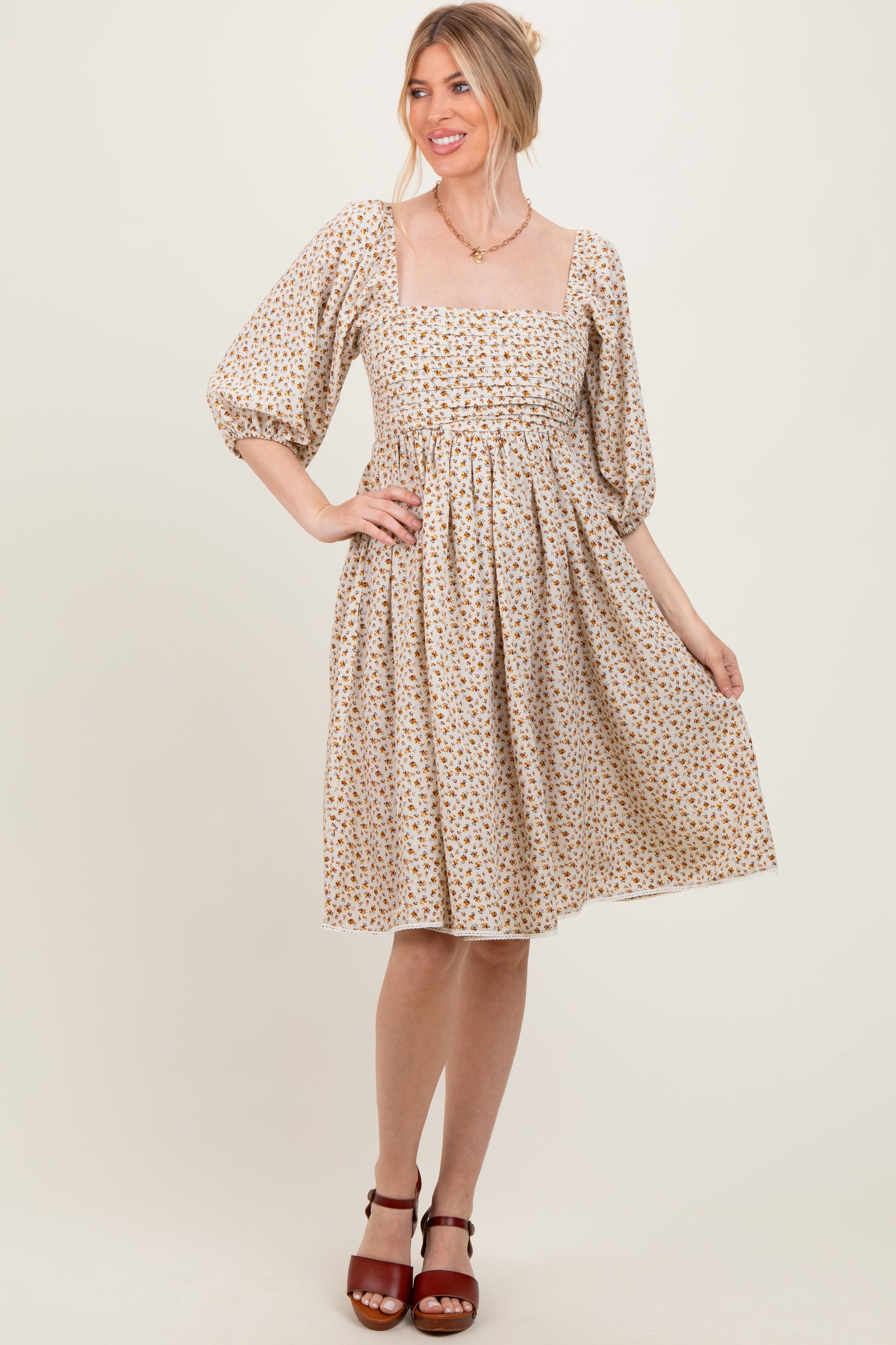 Cream Floral Pleated Bodice Lace Trim Midi Dress – PinkBlush
