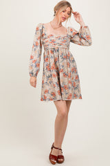 Cream Tropical Floral Pleated Bodice Dress