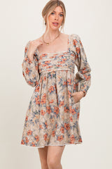 Cream Tropical Floral Pleated Bodice Dress