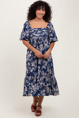 Light Navy Floral Pleated Bodice Midi Dress