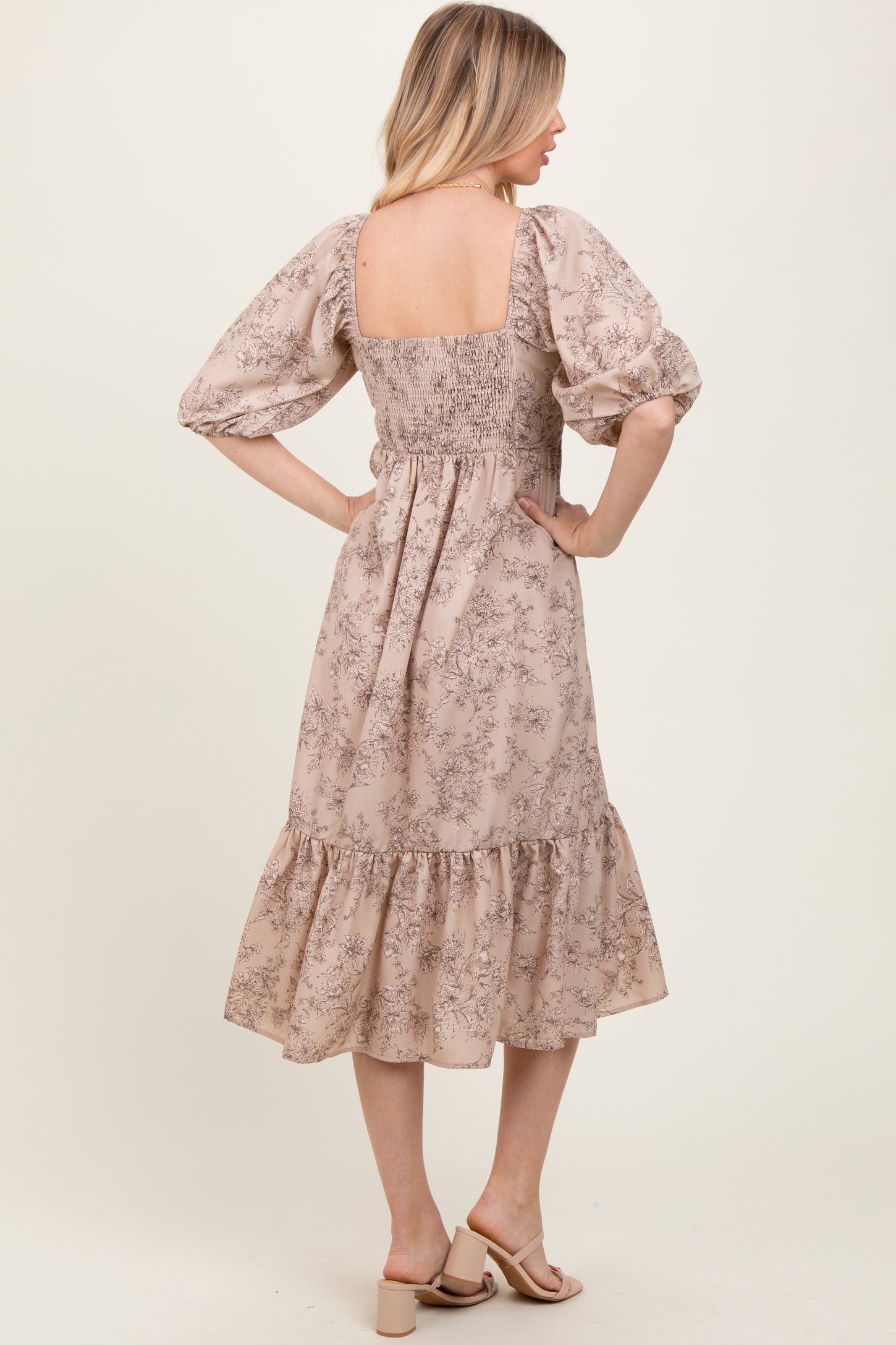 Beige Floral Pleated Bodice Midi Dress PinkBlush Beige Floral Pleated Bodice Midi Dress PinkBlush