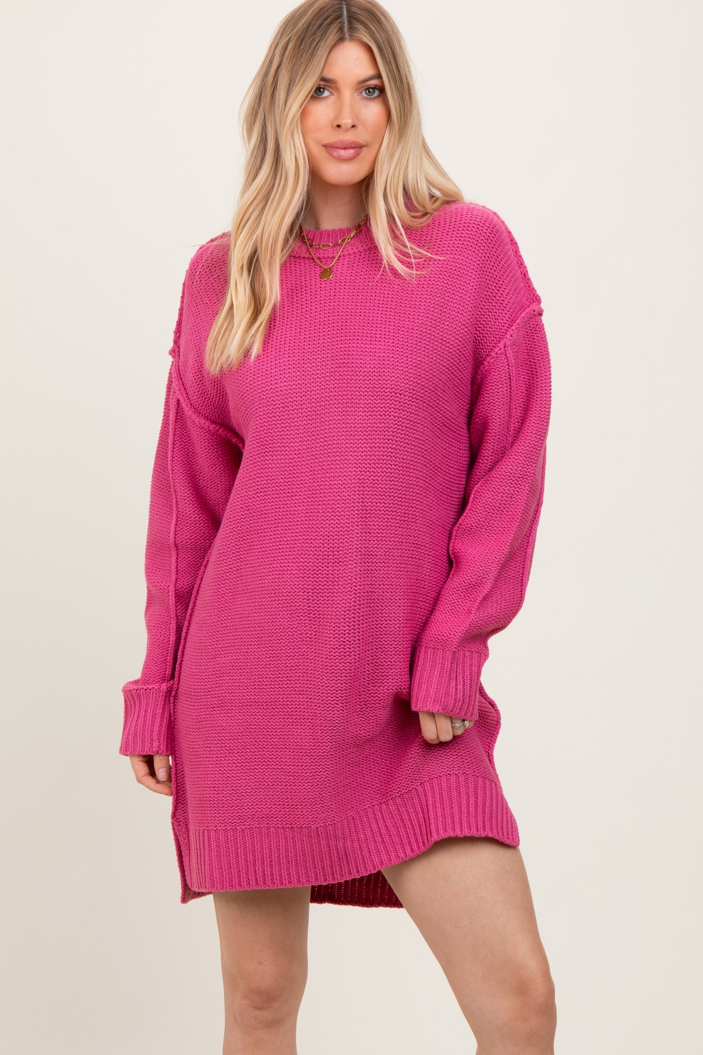 Dark Pink Exposed Seam Oversized Sweater Dress
