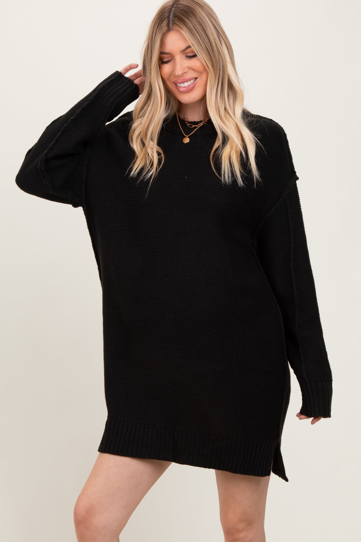 Black Exposed Seam Oversized Maternity Sweater Dress Black Exposed Seam Oversized Maternity Sweater Dress