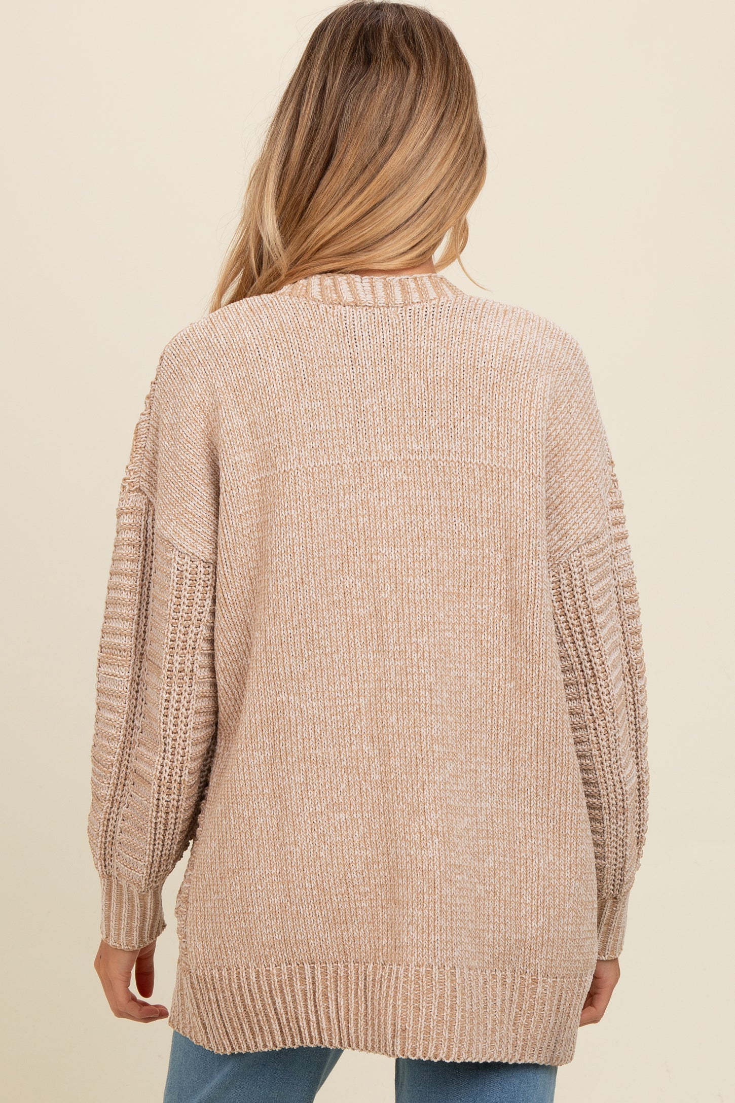 Beige Two Toned Oversized Cable Knit Maternity Cardigan
