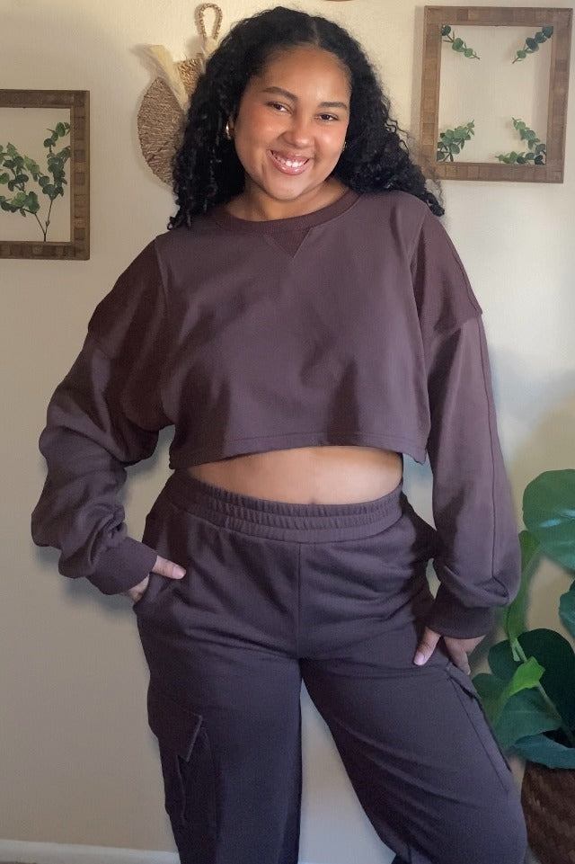 Brown Oversized Crop Sweatshirt Cargo Sweatpant Set