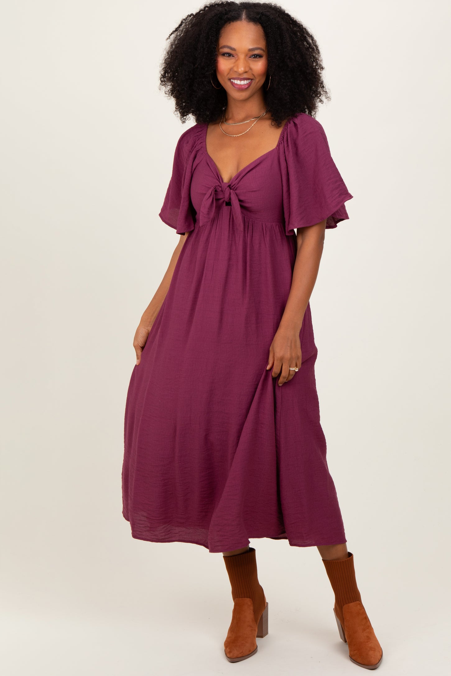 plum midi dress with sleeves Plum Oasis Petite Lace Puff Sleeve Pleated Midi Dress