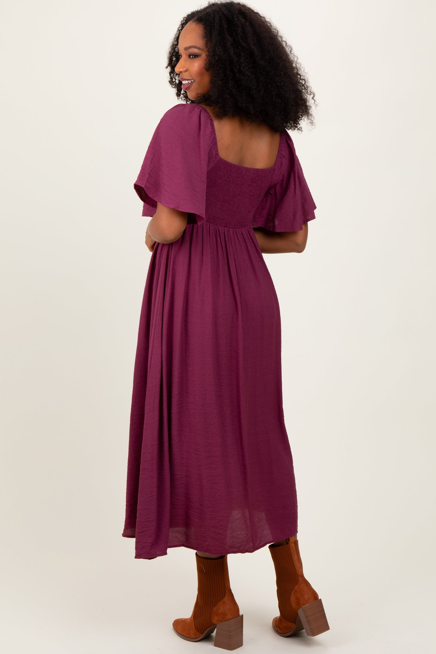 Plum Front Tie Ruffle Sleeve Midi Dress