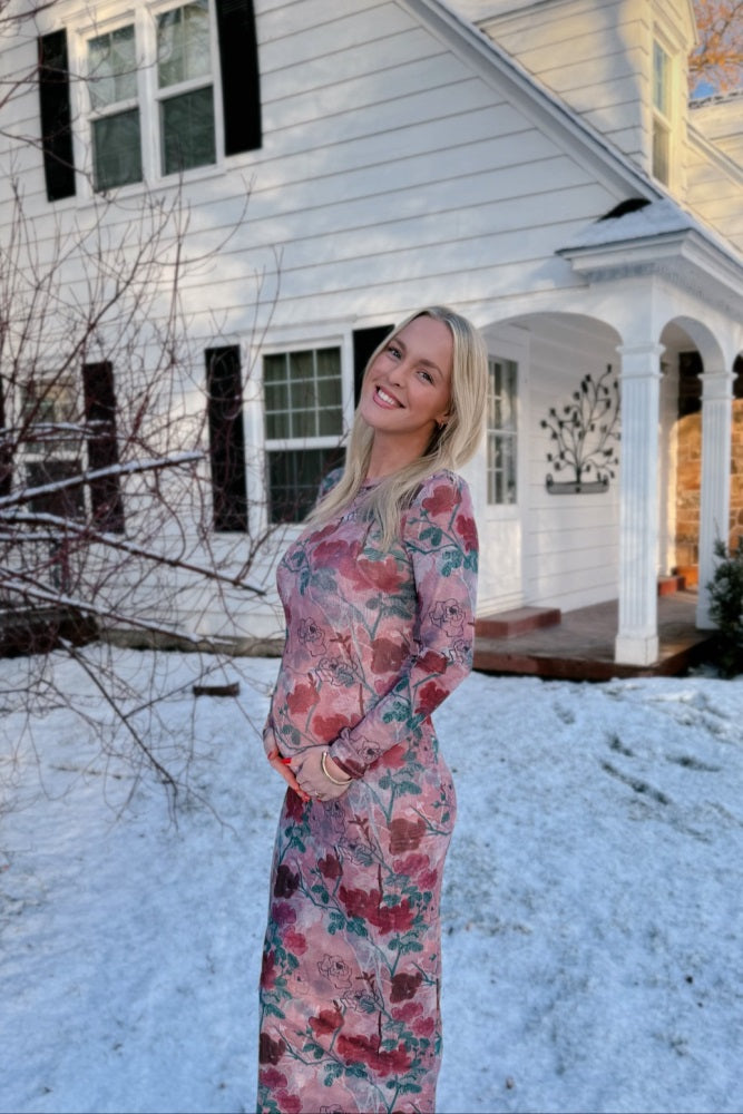 Mauve Floral Printed Mesh Overlay Maternity Maxi Dress