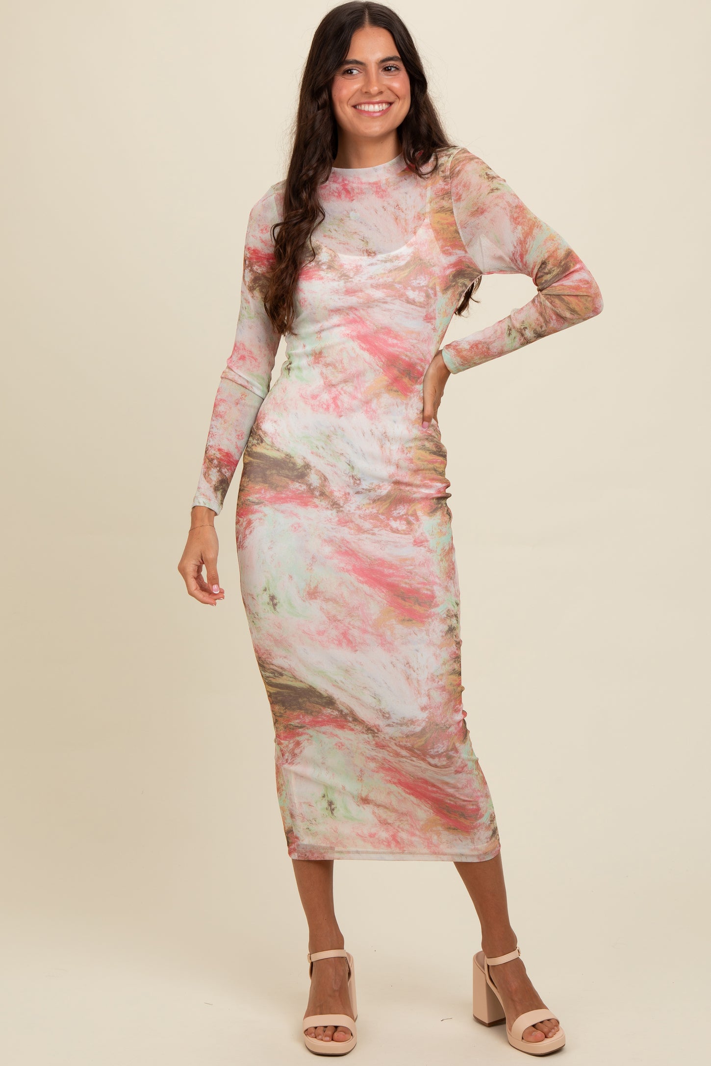 Pink Abstract Printed Mesh Overlay Maternity Maxi Dress PinkBlush Pink Abstract Printed Mesh Overlay Maternity Maxi Dress PinkBlush