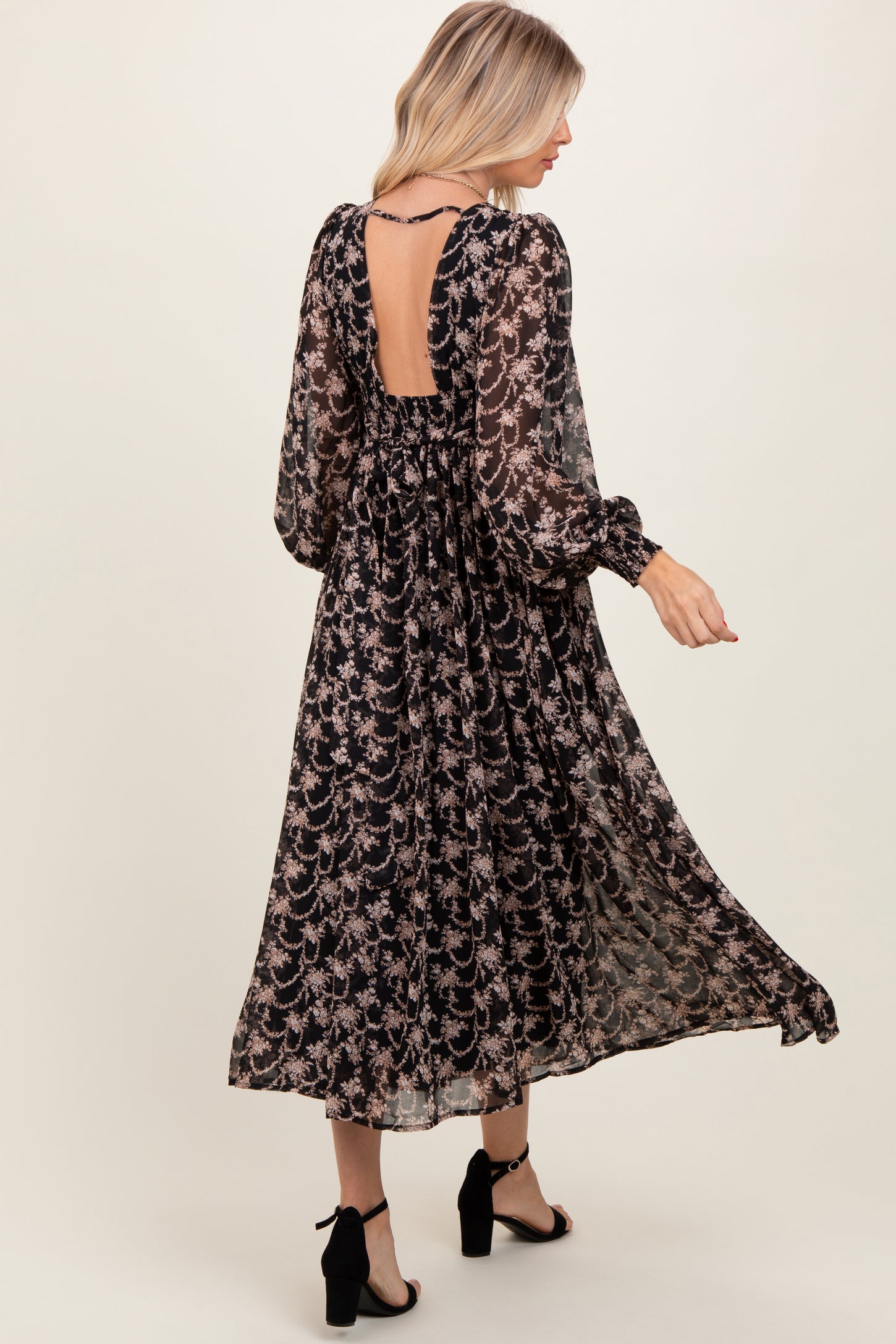 Black Floral Chiffon Twist Wrap Maxi