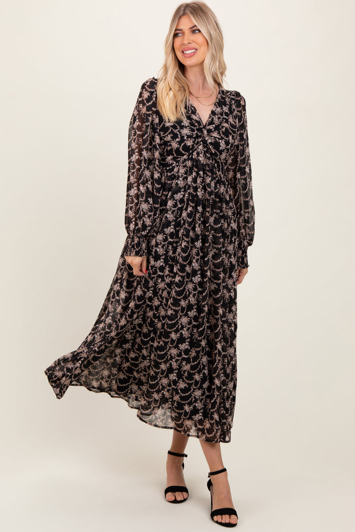 Black Floral Chiffon Twist Wrap Maternity Maxi