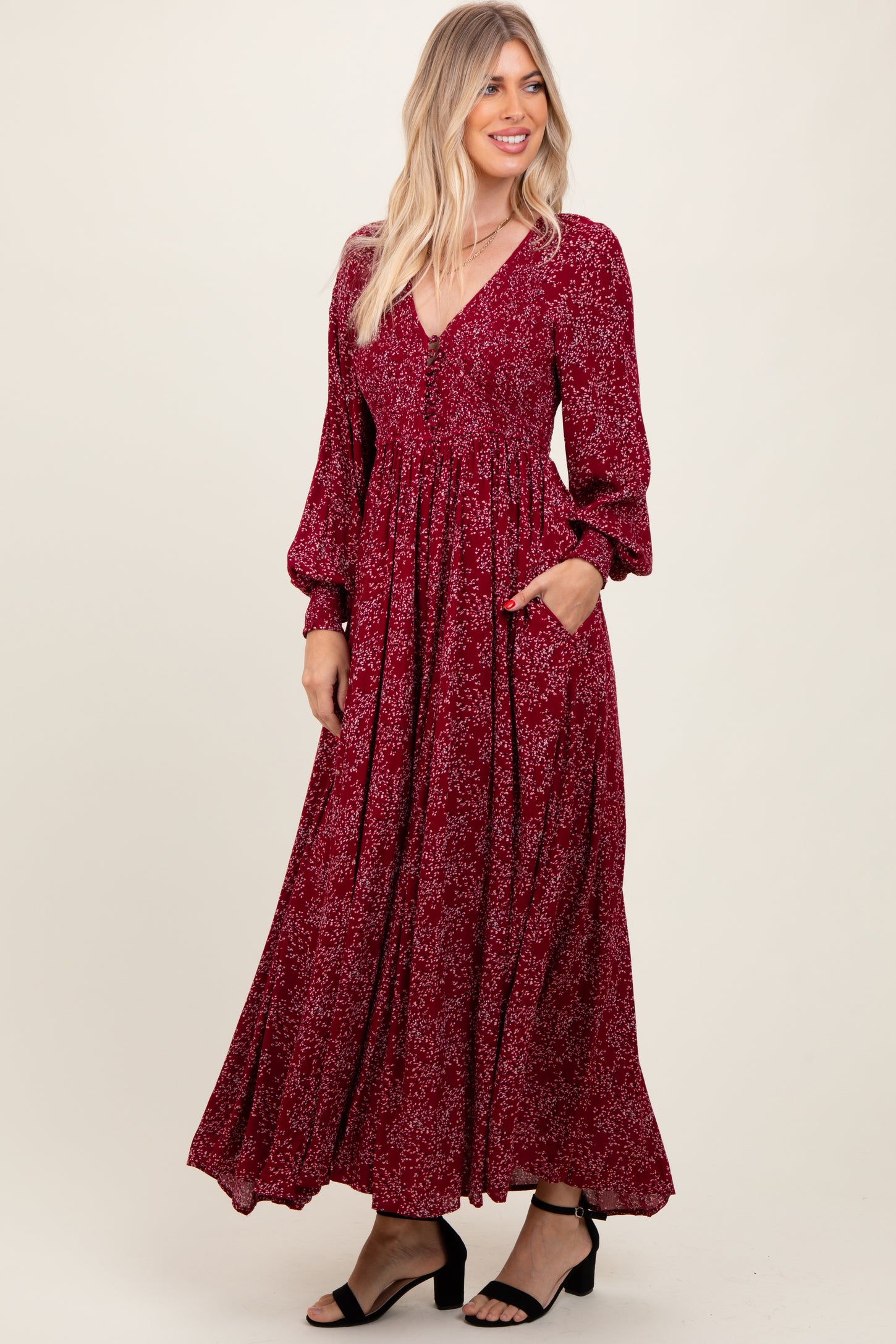 Burgundy Floral Smocked Button Detail Maternity Maxi Dress PinkBlush Burgundy Floral Smocked Button Detail Maternity Maxi Dress PinkBlush