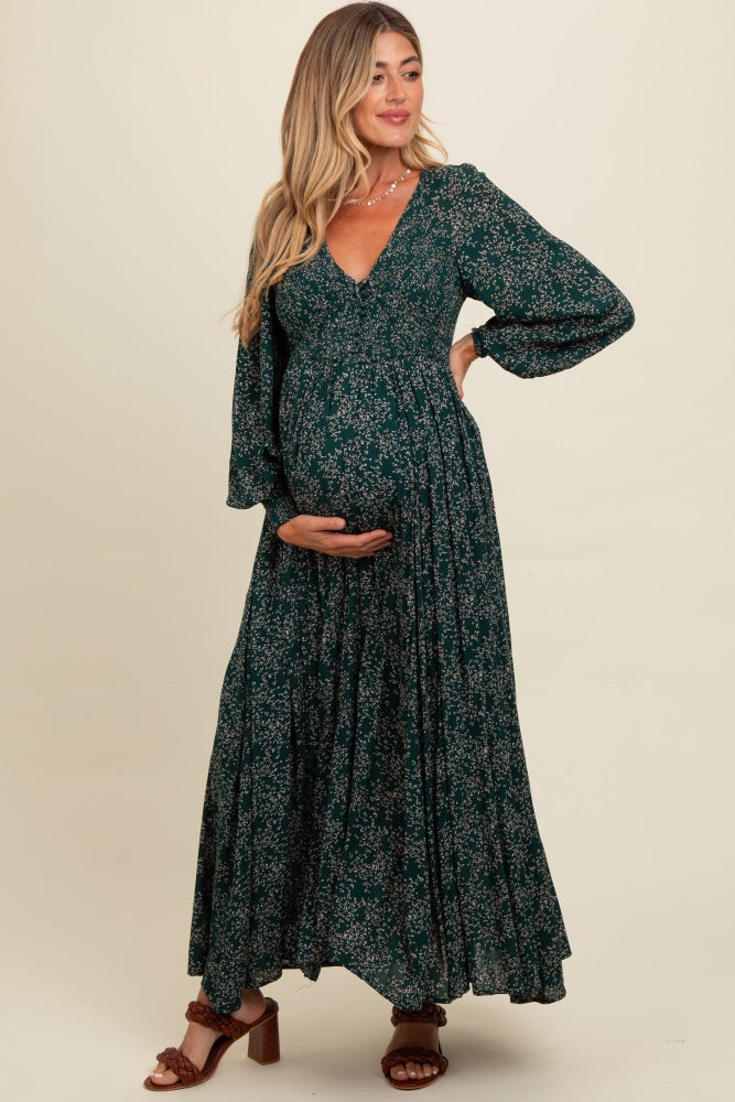 Forest Green Floral Smocked Button Detail Maternity Maxi Dress Forest Green Floral Smocked Button Detail Maternity Maxi Dress