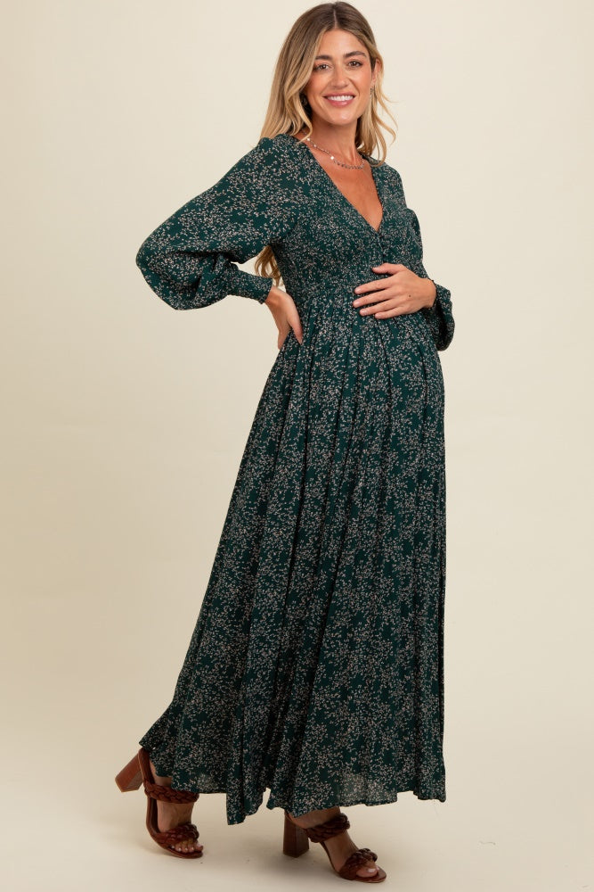 Forest Green Floral Smocked Button Detail Maternity Maxi Dress Forest Green Floral Smocked Button Detail Maternity Maxi Dress