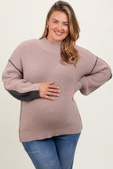 Mocha Mock Neck Colorblock Maternity Plus Sweater