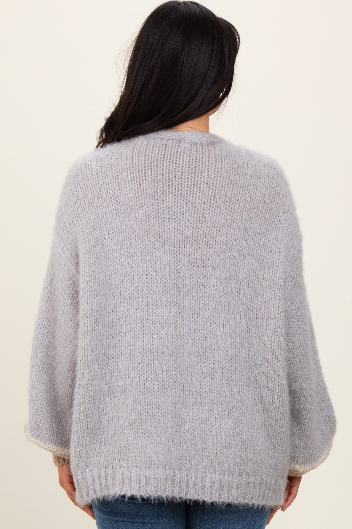 Light Grey Brushed Knit Striped Sleeve Cardigan