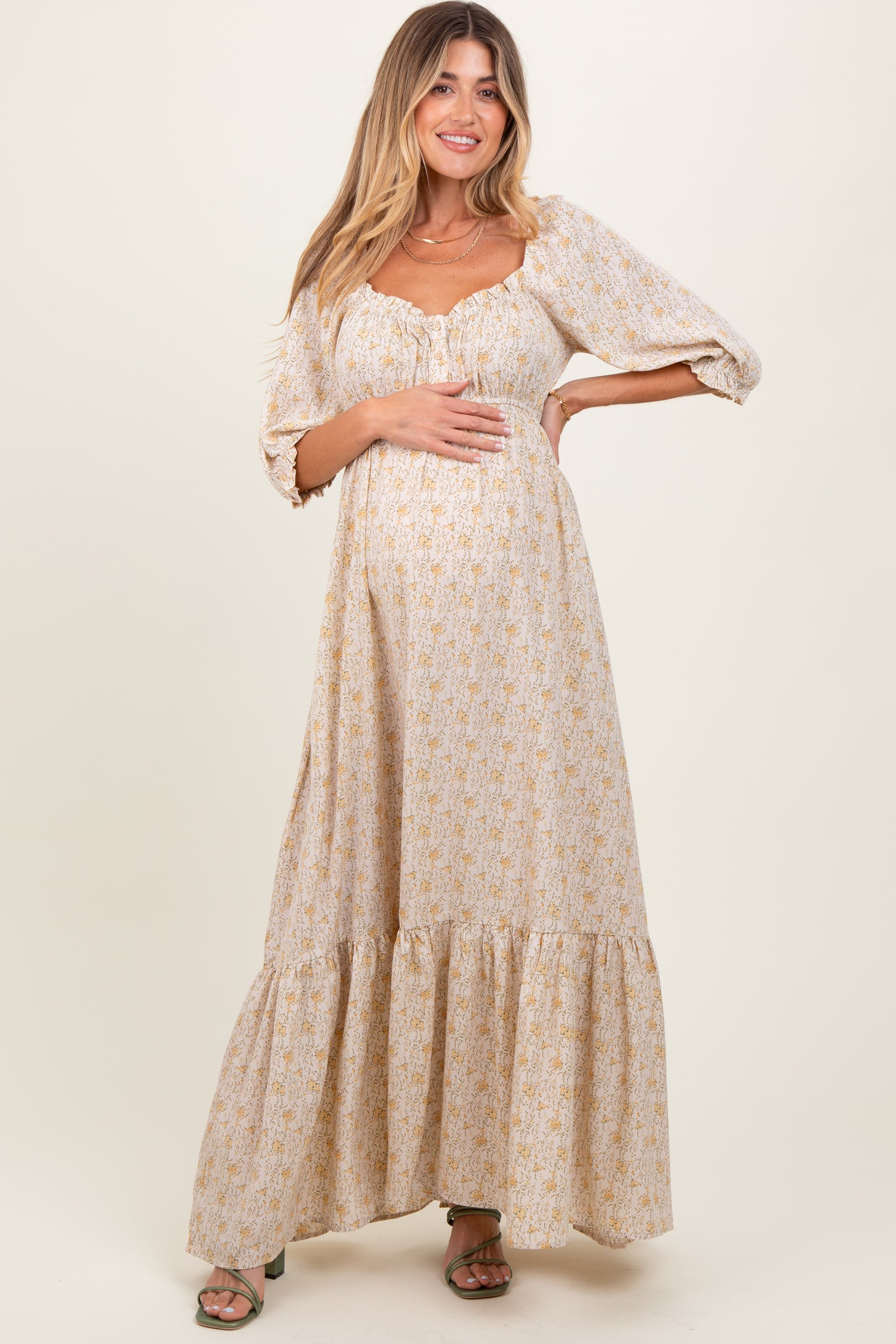 Cream Floral Sweetheart Neckline Maternity Maxi Dress Cream Floral Sweetheart Neckline Maternity Maxi Dress
