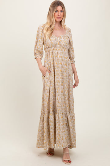 Cream Floral Sweetheart Neckline Maxi Dress
