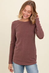 Brown Ribbed Scoop Neck Long Sleeve Maternity Top