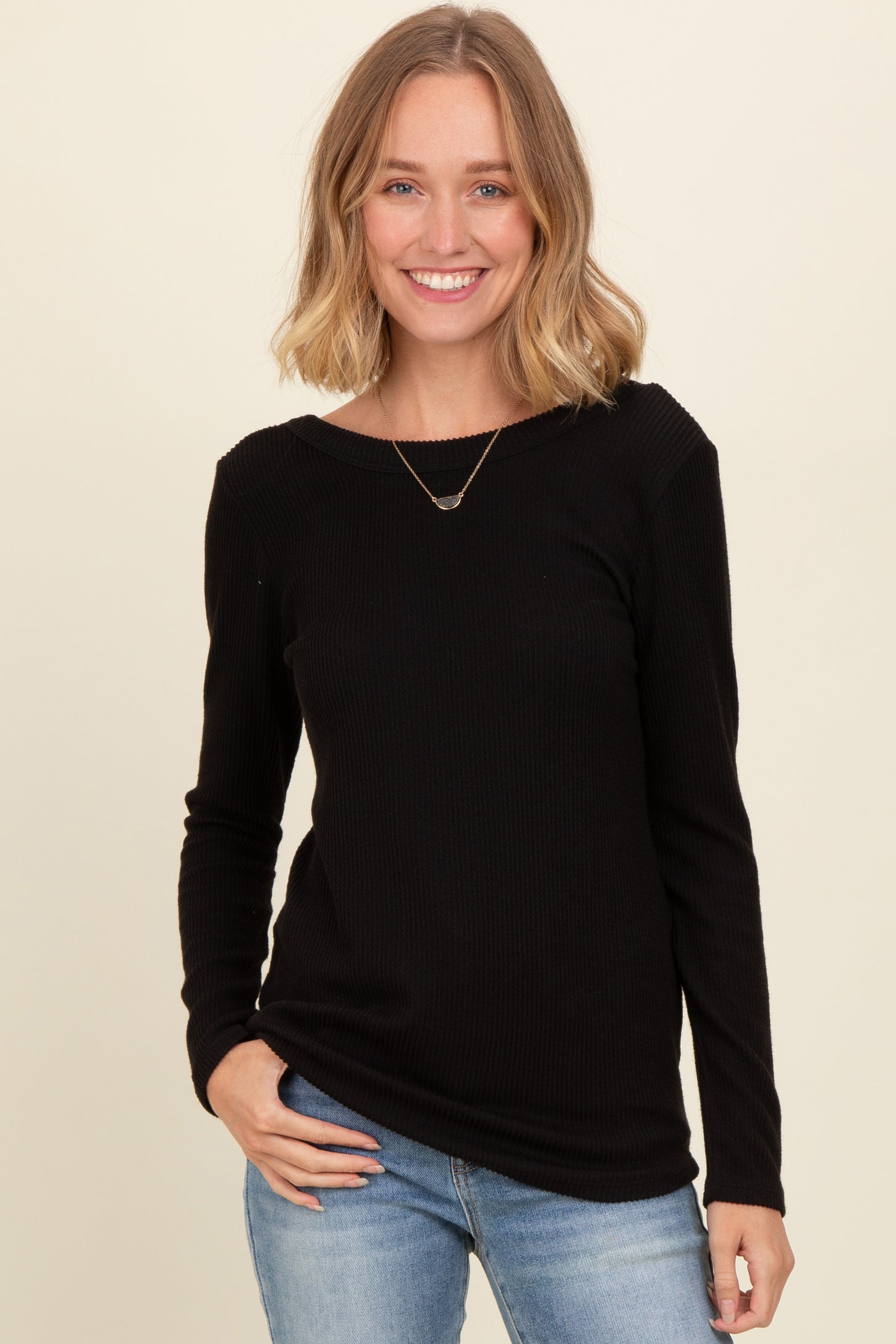 Black Ribbed Scoop Neck Long Sleeve Top