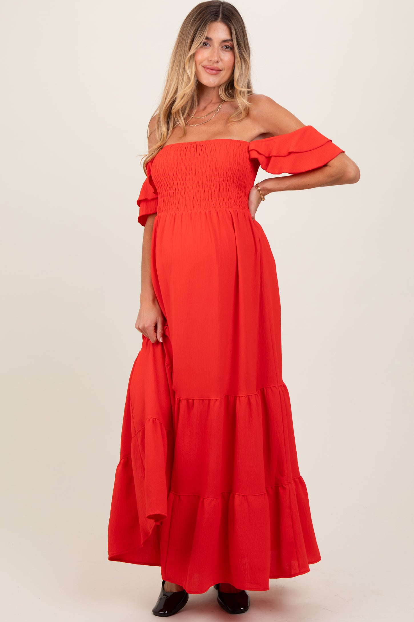 Red Smocked Ruffle Off Shoulder Tiered Maternity Maxi Dress – PinkBlush Red Smocked Ruffle Off Shoulder Tiered Maternity Maxi Dress – PinkBlush
