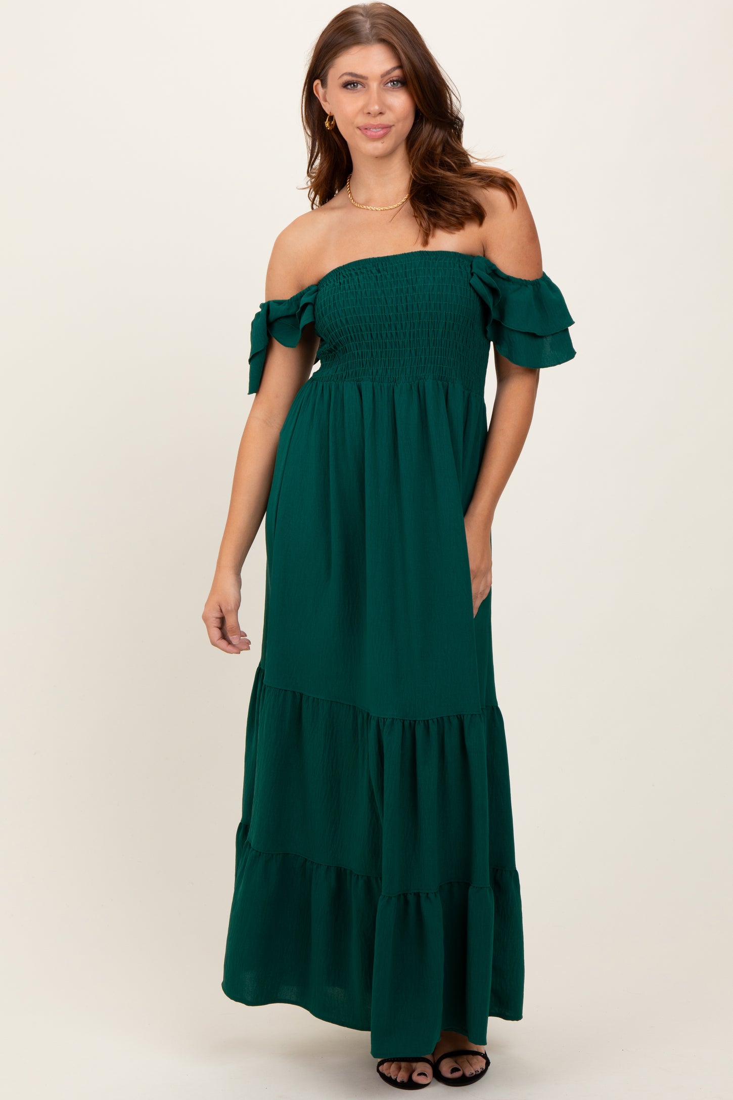 Hunter Green Smocked Ruffle Off Shoulder Tiered Maxi Dress PinkBlush Hunter Green Smocked Ruffle Off Shoulder Tiered Maxi Dress PinkBlush