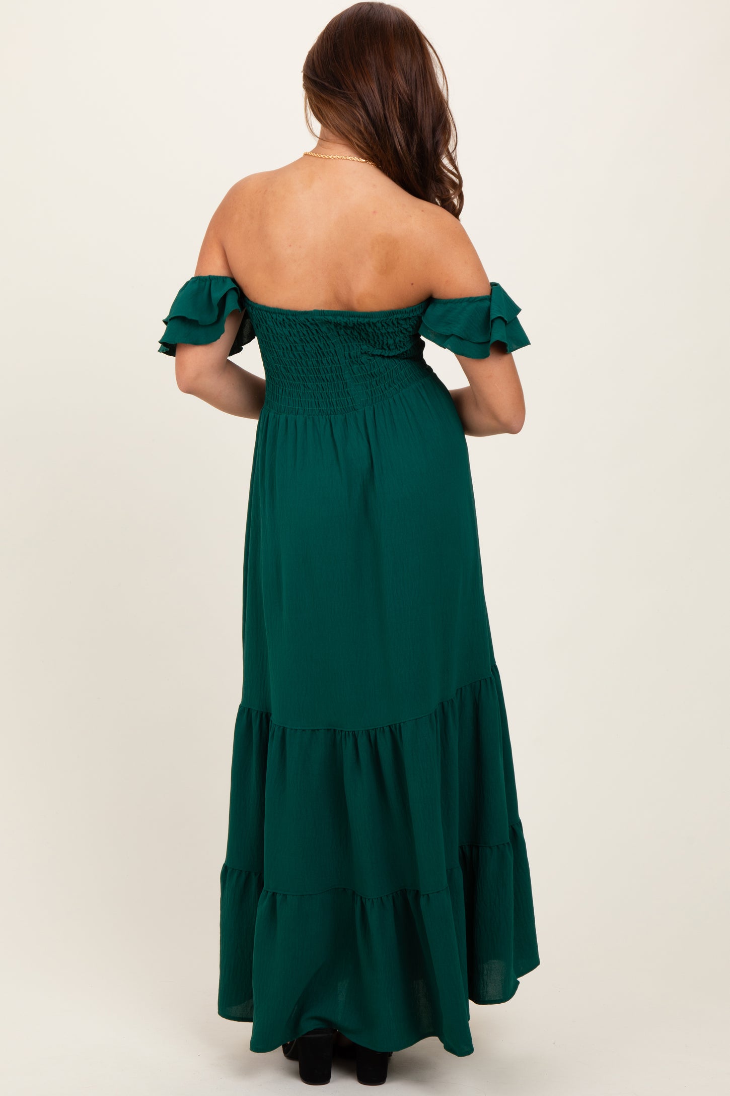 Hunter Green Smocked Ruffle Off Shoulder Tiered Maxi Dress PinkBlush Hunter Green Smocked Ruffle Off Shoulder Tiered Maxi Dress PinkBlush