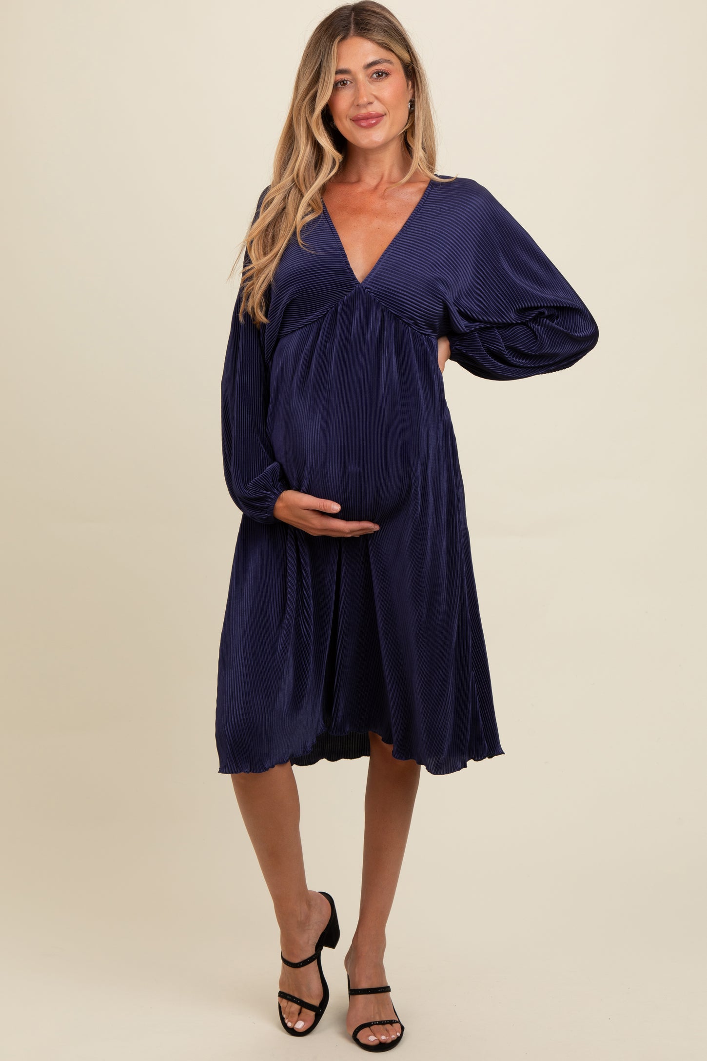 Navy Pleated Deep V-Neck Maternity Midi Dress