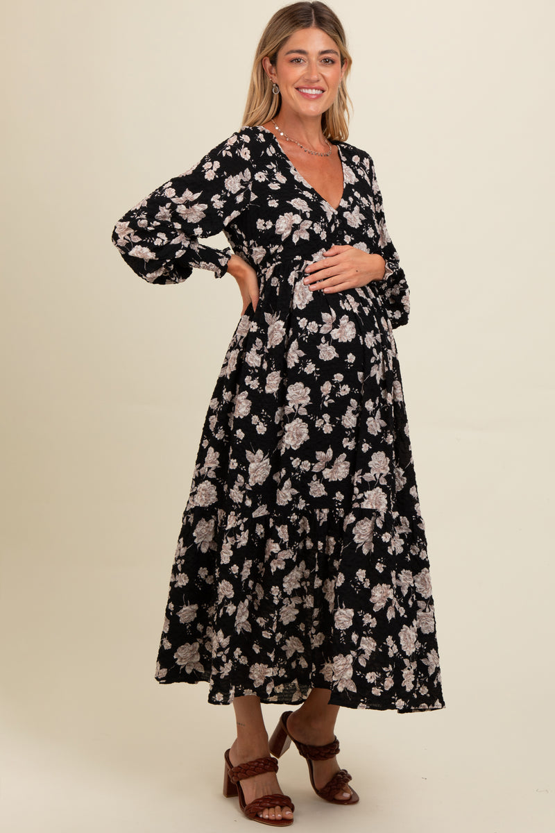 Black Floral Textured Bubble Sleeve Maternity Maxi Dress – PinkBlush