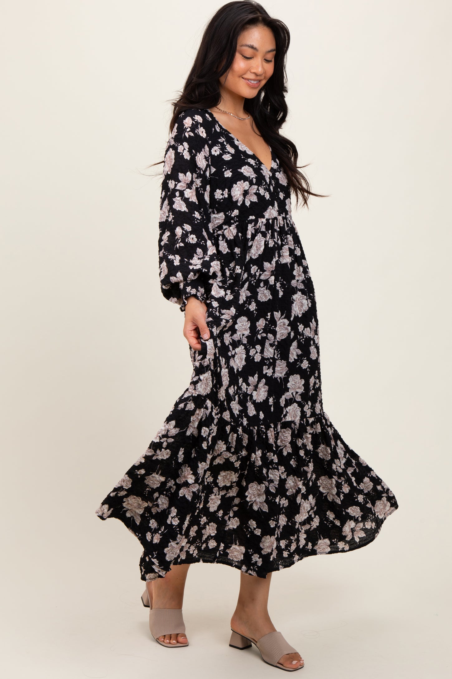 Black Floral Textured Bubble Sleeve Maxi Dress PinkBlush Black Floral Textured Bubble Sleeve Maxi Dress PinkBlush