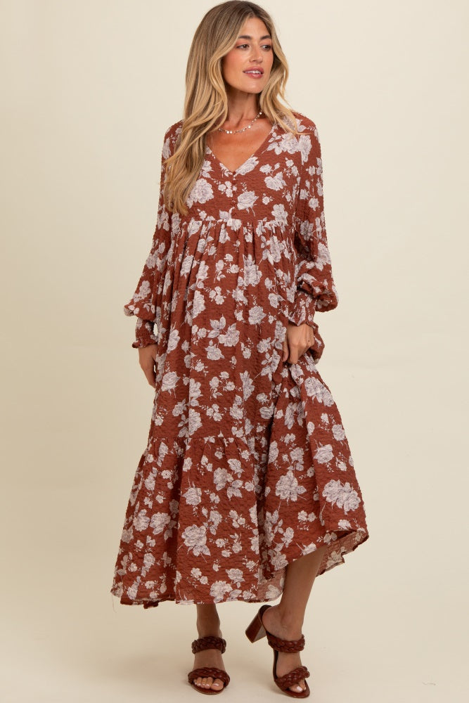 chinese dress ladies Rust Floral Textured Bubble Sleeve Maternity Maxi Dress – PinkBlush