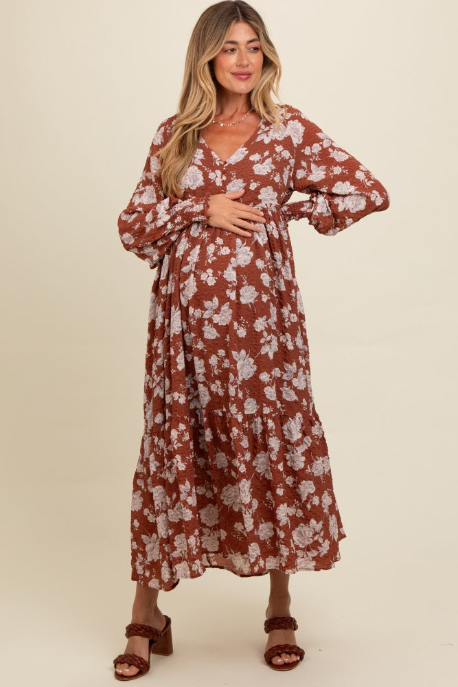 Rust Floral Textured Bubble Sleeve Maternity Maxi Dress PinkBlush Rust Floral Textured Bubble Sleeve Maternity Maxi Dress PinkBlush