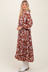 Rust Floral Textured Bubble Sleeve Maxi Dress