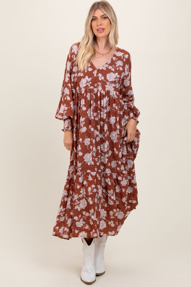 Rust Floral Textured Bubble Sleeve Maternity Maxi Dress PinkBlush Rust Floral Textured Bubble Sleeve Maternity Maxi Dress PinkBlush