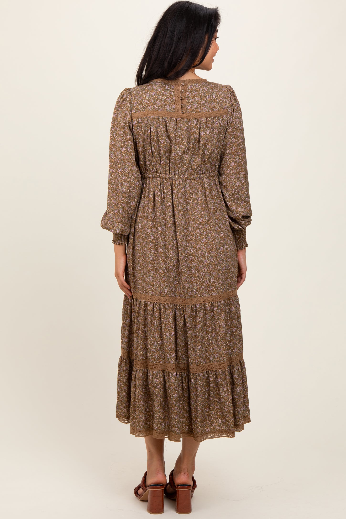 Mocha Floral Lace Trim Bubble Sleeve Maxi Dress