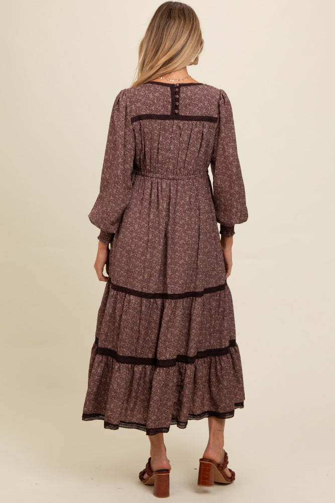 Brown Floral Lace Trim Bubble Sleeve Maternity Maxi Dress Brown Floral Lace Trim Bubble Sleeve Maternity Maxi Dress