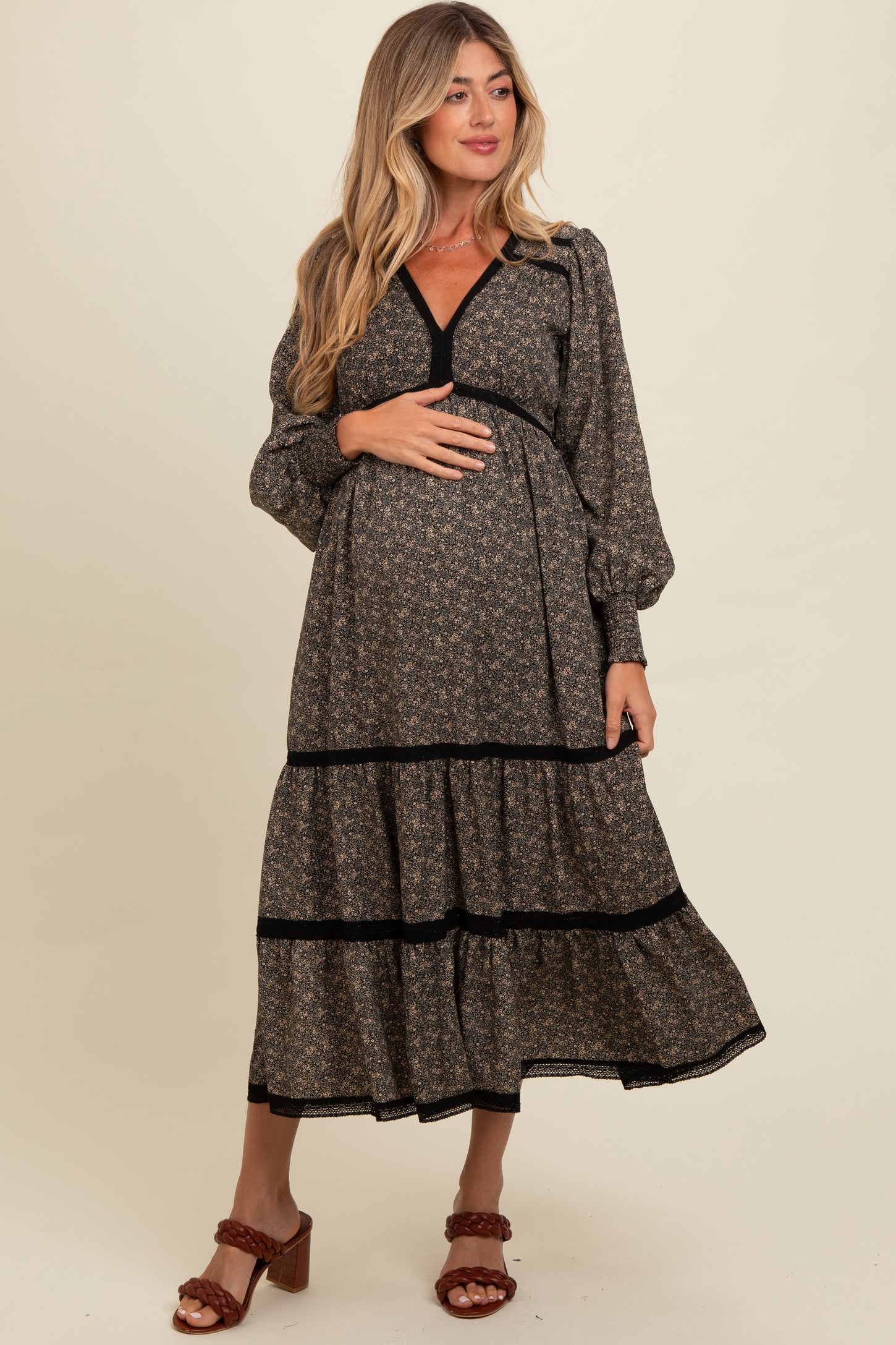 Black Floral Lace Trim Bubble Sleeve Maternity Maxi Dress PinkBlush Black Floral Lace Trim Bubble Sleeve Maternity Maxi Dress PinkBlush