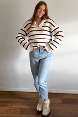 Brown Striped Knit Half Zip Sweater