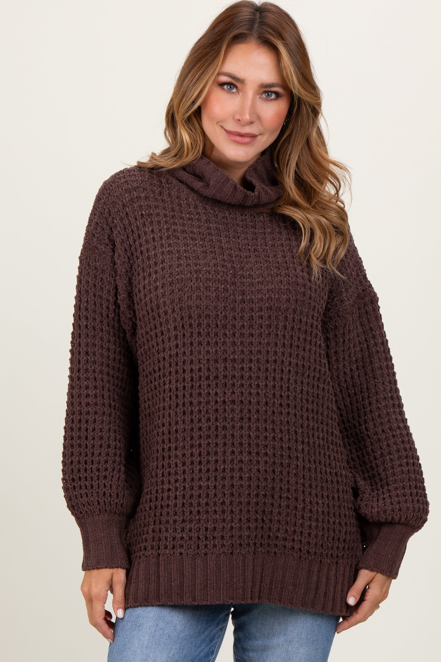 Brown Chunky Waffle Knit Turtleneck Sweater