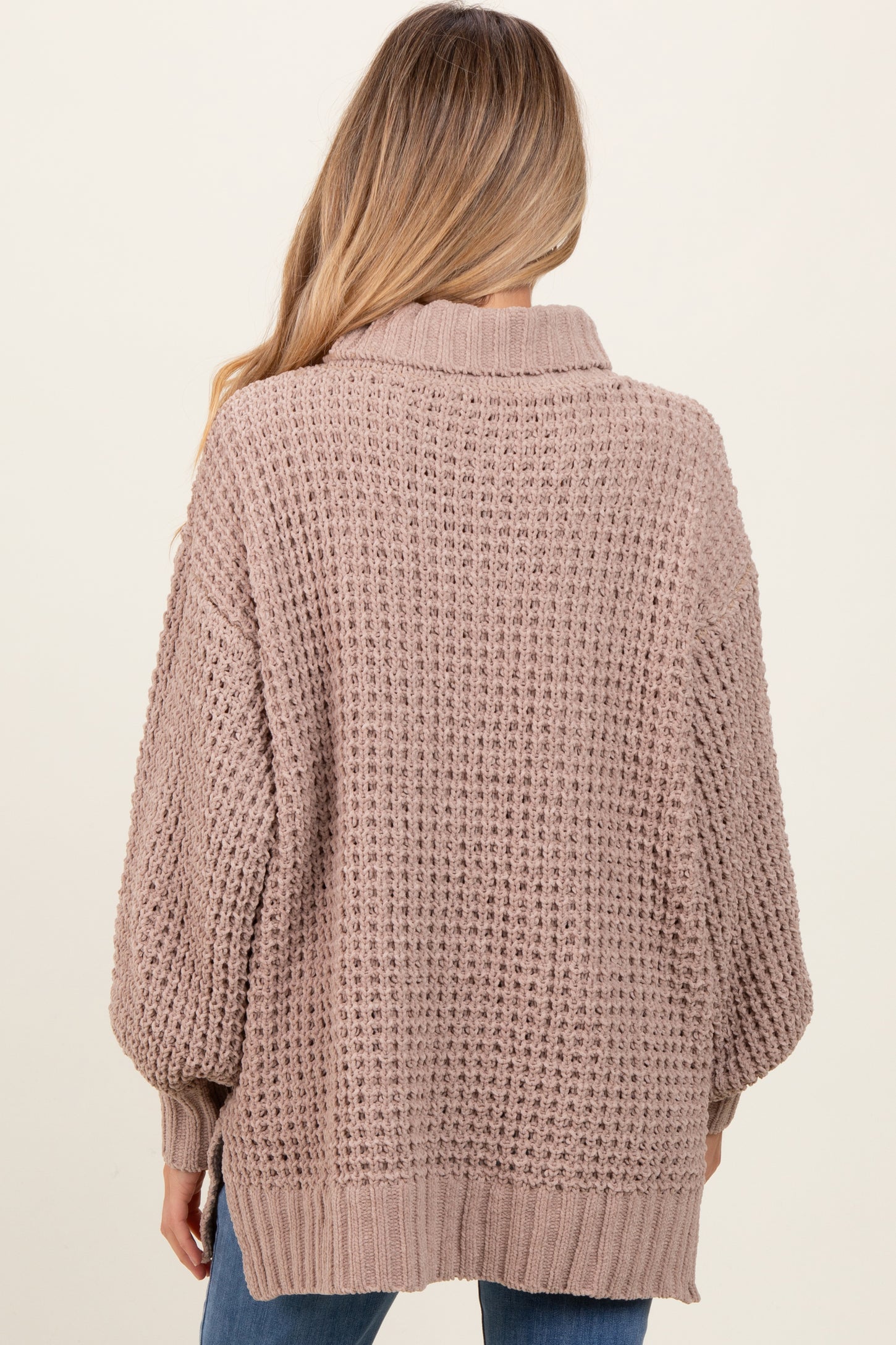 Dark Beige Chunky Waffle Knit Maternity Turtleneck Sweater