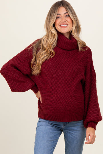 Burgundy Chunky Knit Turtleneck Maternity Sweater