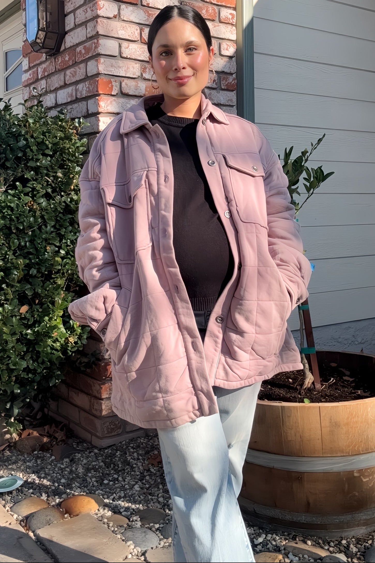 Lavender Oversized Collared Button Down Quilted Maternity Jacket