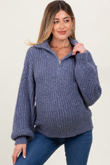 Blue Chunky Knit Quarter Zip Maternity Sweater