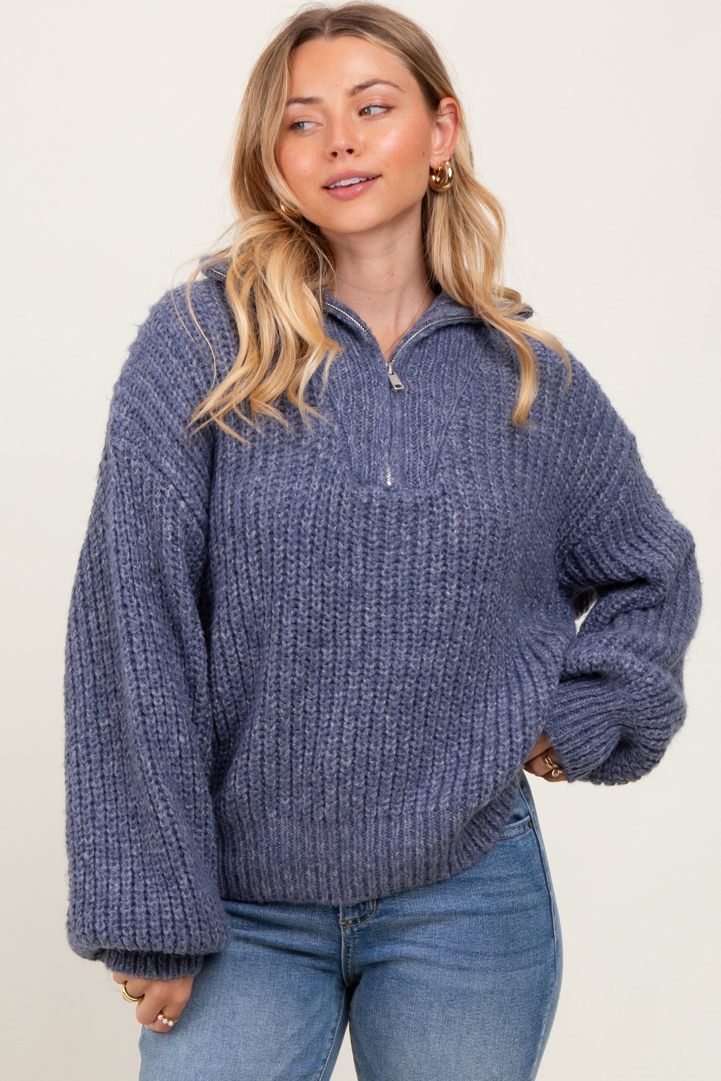 Blue Chunky Knit Quarter Zip Sweater